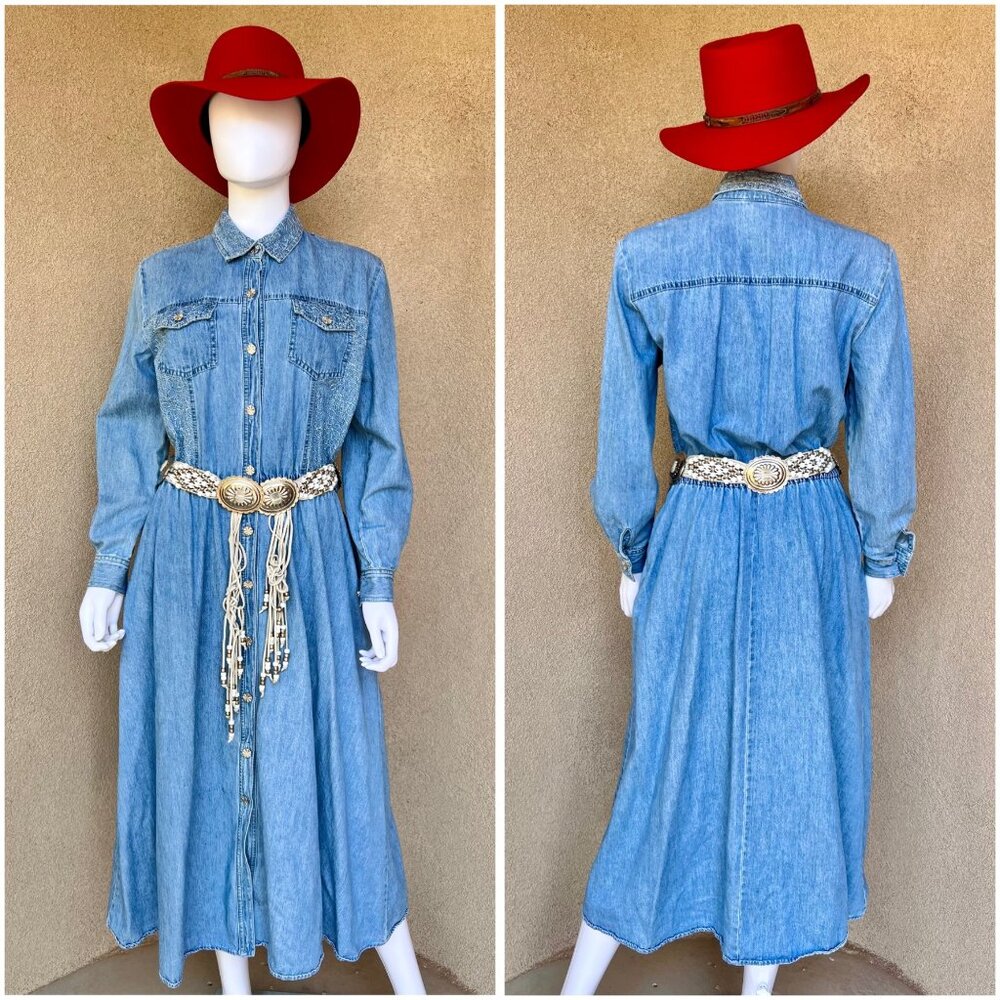 Western Embroidered & Concho Style Button 80s Dress
